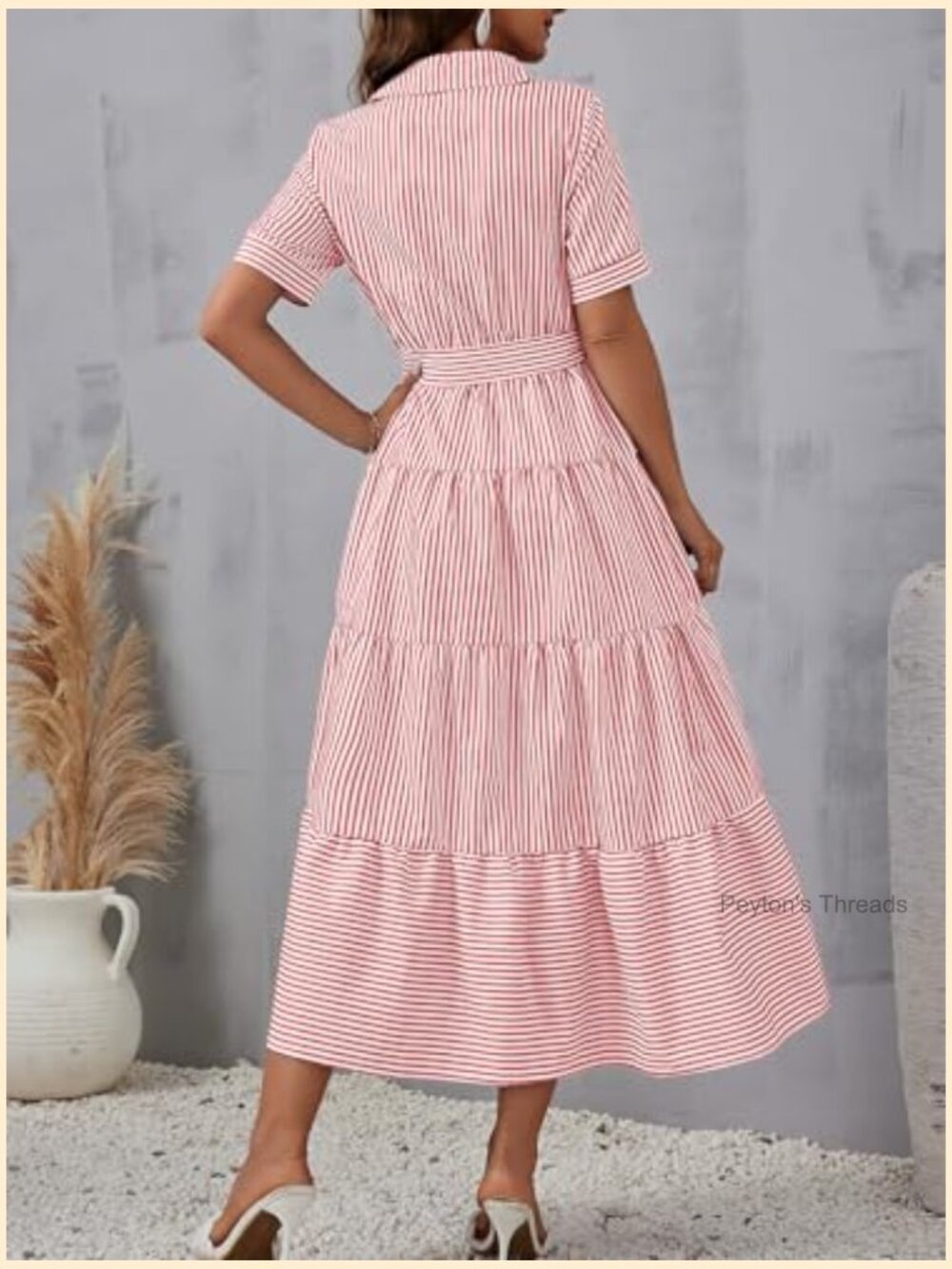 Women's Boho Striped Shirt Dress Button Down Belted Flowy A-Line Maxi Long Dress - Picture 3 of 5